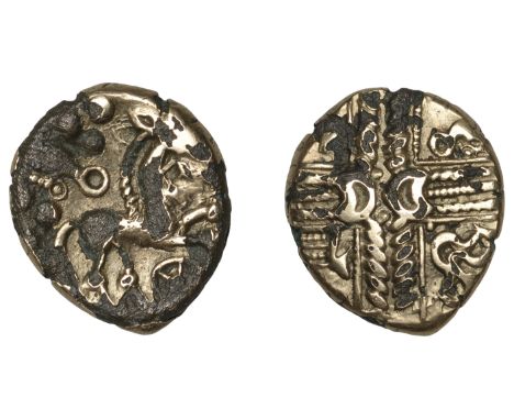 British Iron Age, CATUVELLAUNI, Early Uninscribed issues, plated Stater, British L [Whaddon Chase type], wreath and crescent 