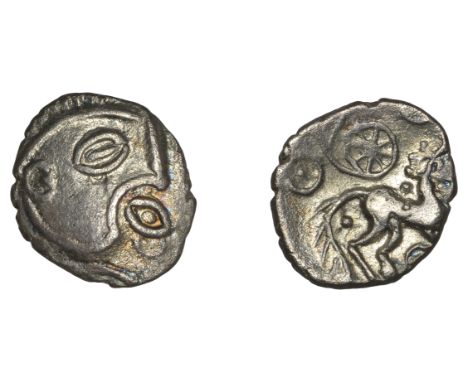 British Iron Age, ICENI, Uninscribed issues, silver Unit, Odin’s Eye type, disjointed head right, large oval eye in front of 