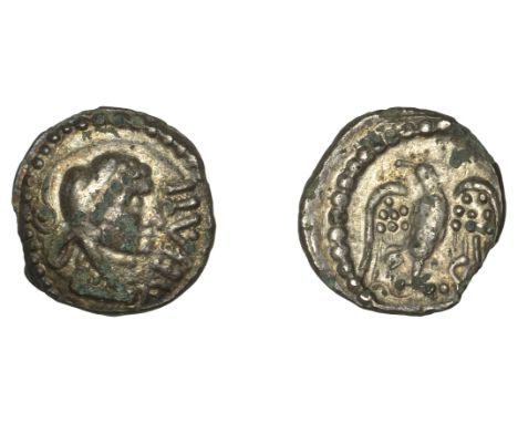 British Iron Age, ATREBATES and REGNI, Epaticcus, plated silver Unit, head of Hercules right wearing lion-skin, epati before 
