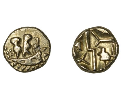 British Iron Age, DUROTRIGES, Uninscribed issues, gold Quarter-Stater, Duro Boat Bird type, crescent with three men in a boat