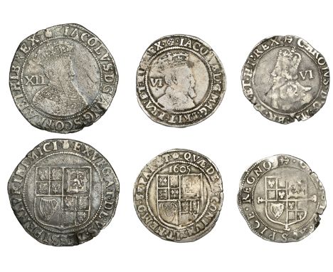 James I, First coinage, Shilling, mm. thistle, second bust, 5.50g/3h (N 2073; S 2646); Second coinage, Sixpence, 1605, mm. ro