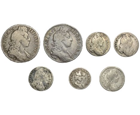 William III, Halfcrowns (2), 1696, 1696y, both edges octavo, large shields, early harp (S 3475, 3486); together with Sixpence