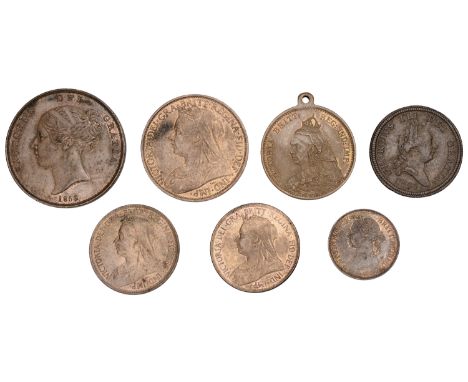 Victoria, Penny, 1854, ornate trident (S 3948); together with other base metal coins (5) and a medalette [7]. Very fine to ex