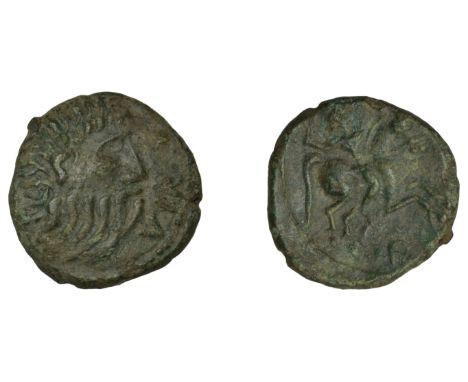 British Iron Age, CATUVELLAUNI, Rues, bronze Unit, bearded head right, vir in front rev. warrior riding on horse right, holdi