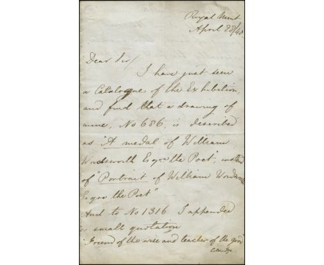 A 4pp ALS from Leonard Wyon at the Royal Mint, 28 April [18]48, to an un-named recipient [presumably at the Royal Academy], c