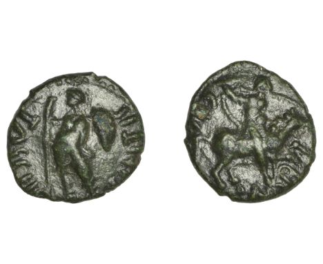 British Iron Age, CATUVELLAUNI, Cunobelin, Bronze unit, horseman right, cvnob behind and below, rev. warrior standing left, t