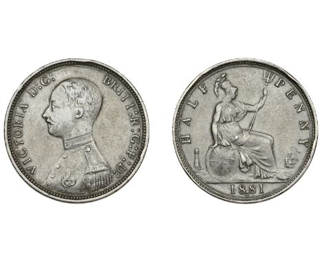 Victoria (1837-1901), Halfpenny, 1881, portrait re-engraved into a male figure in military uniform (cf. F 342; BMC 1829; S 39