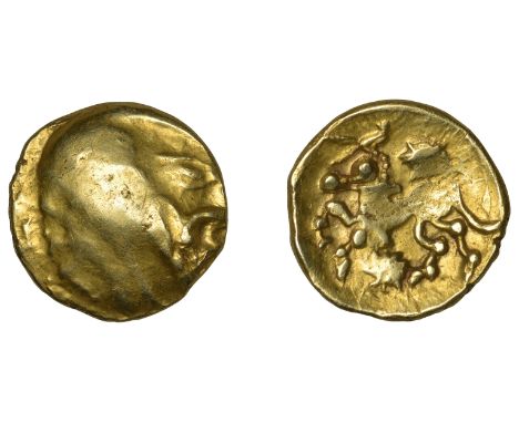 British Iron Age, BELGAE, Bellovaci, gold Stater, class I, trace of design, rev. horse prancing left, stars above and below, 