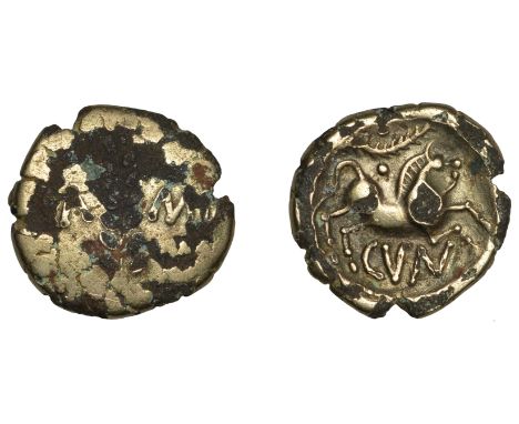 British Iron Age, CATUVELLAUNI, Cunobelin, gold plated Stater, Linear type [Class 2], ear of barley with central stalk and fi
