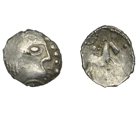 British Iron Age, ICENI, Uninscribed issues, silver Unit, Beardie Punk Head type, male head right with herringbone hair, larg