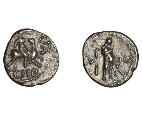 British Iron Age, CATUVELLAUNI, Cunobelin, silver Unit, Hercules standing right, holding club and lion-skin dividing cv-no, r