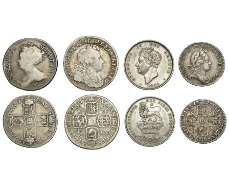 George I, Sixpence, 1723 ss c, small lettering on obv. (S 3652); together with Shillings (3), 1708 e*, 1723 ss c, 1826 [4]. F