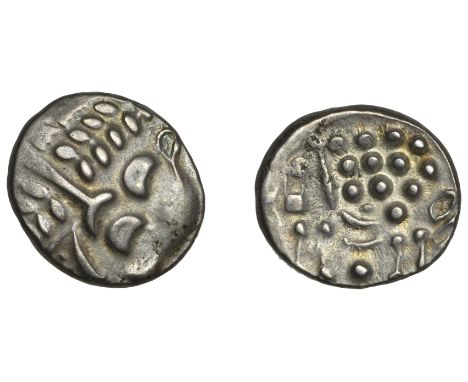 British Iron Age, DUROTRIGES, Uninscribed issues, silver Stater, disjointed head of Apollo, rev. disjointed horse left, 4.03g