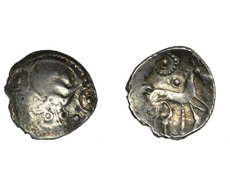 British Iron Age, ICENI, Uninscribed issues, silver Unit, Beardie Pipe Pole type, male head right with herringbone hair, larg