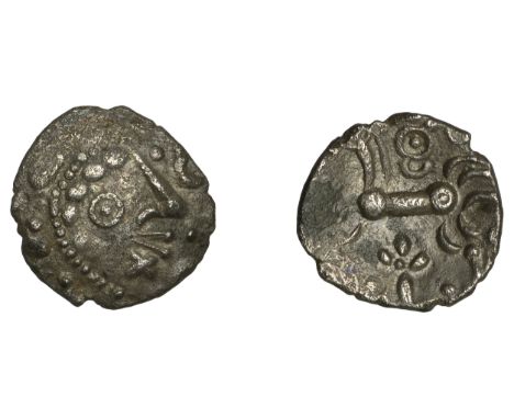 British Iron Age, DOBUNNI, silver Unit, moon head right, triads of pellets for hair, cross on chin, pellets and crescents bef
