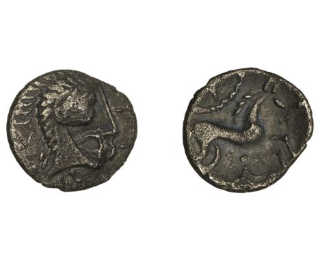 British Iron Age, ICENI, Uninscribed series, silver Unit, Norfolk God type, stylised head right, wreath behind, rev. horse ri