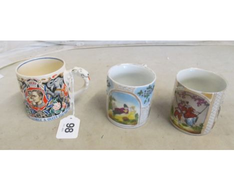 A Myott &amp; Sons Dame Laura Knight coronation mug King George and Queen Elizabeth and two other decorative mugs