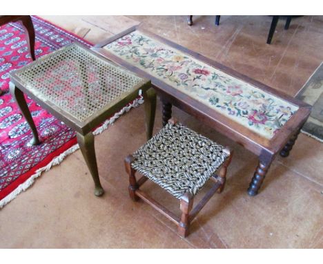 An oak tapestry top stool and two other stools