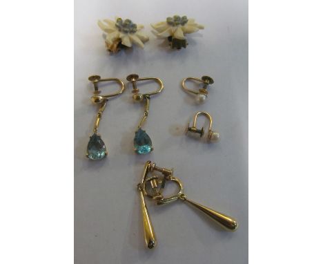A pair of drop earrings marked 585, pair of 9ct gold earrings set blue stones, pair 9ct pearl earrings and a pair of Adelweis