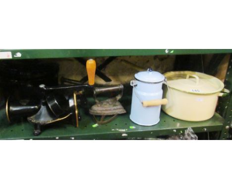 Some Judgeware enamel saucepans, Spong coffee grinder et cetera