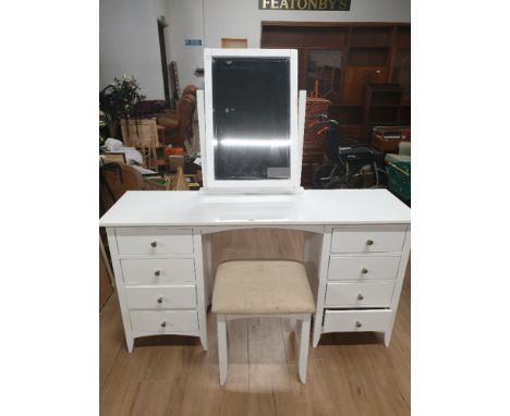 A MODERN WHITE MIRROR BACKED DRESSING TABLE WITH STOOL