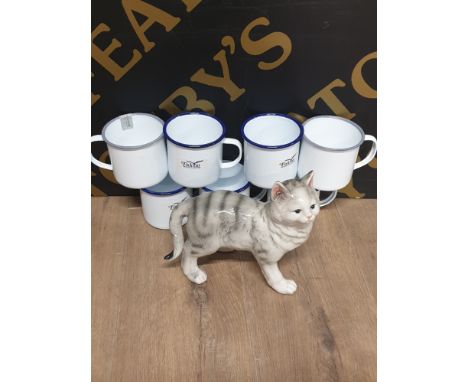 7 550ML ENAMEL MUGS TOGETHER WITH LARGECAT ORNAMENT 23CM BY 21CM