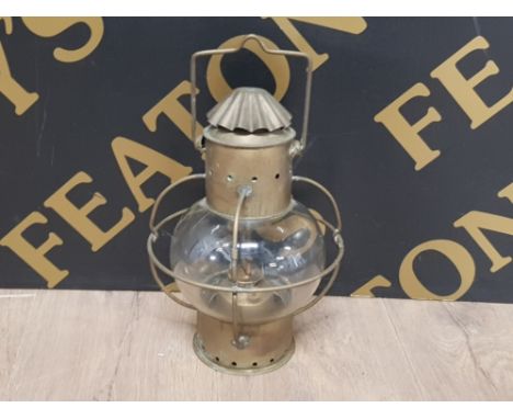 A VINTAGE BRASS HANGING OIL LAMP TOGETHER WITH ONE OTHER BRASS ITEM