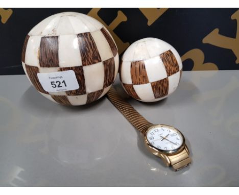 TWO BONE AND EXOTIC WOOD BALLS, TOGETHER WITH A GENTS TIMEX WRISTWATCH