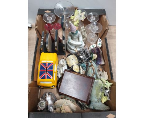 A BOX OF MISCELLANEOUS INC MARBLE HORSE HEAD BUST MONEY JAR GLASS WARE ETC