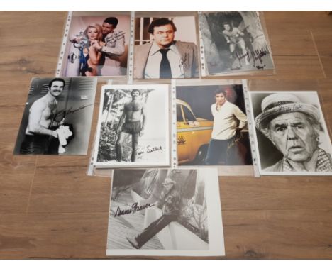 GROUP OF EIGHT 8X10 PHOTOGRAPHS OF WHICH 5 ARE IN BLACK AND WHITE AND THREE ARE IN COLOUR, ALL SIGNED PUBLICITY SHOTS COMPRIS