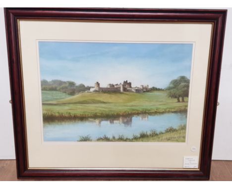 A NICELT FRAMED PASTEL DRAWING OF ALNWICK CASTLE BY ANNE PARRACK SIGNED BOTTOM RIGHT 49CM BY 33CM