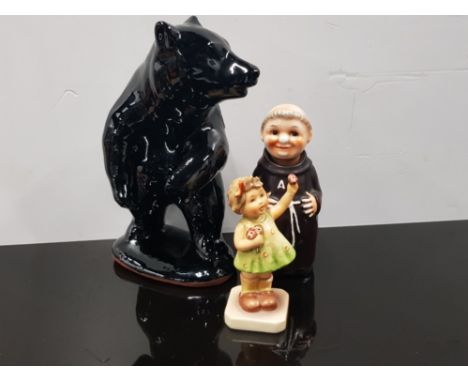 UNMARKED LARGE HAND MOULDED RUSSIAN POTTERY BEAR AND V BEE GOEBEL WEST GERMAN FRIAR BOTTLE AND HUMMEL CLUB LITTLE GIRL WITH F