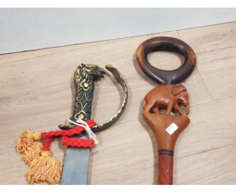 CUTLAS MADE IN ENGLAND WITH ALLIGATOR MARK TOGETHER WITH AN AFRICAN CARVED WALKING STICK WITH HOOP HANDLE + ELEPHANT