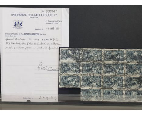 1918 BRADBURY WILKINSON 10S B-BLUE (STEEL BLUE) IRREGULAR BLOCK OF 15, CANCELLED BY LONDON REGISTERED DATE STAMPS FOR 29TH AU