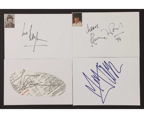 Rolling Stones original line-up: four autographs on white card, 10.5 x 15cm, comprising Mick Jagger, Keith Richards, Ronnie W