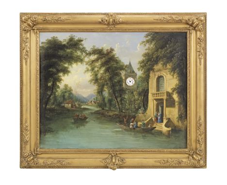 A 19th century contiental quarter chiming, musical picture clockThe 2 inch enamel Roman dial set into an oil on canvas depict