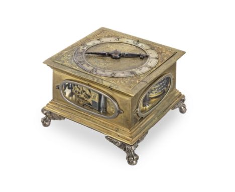 A RARE DATED MID 17TH CENTURY LITHUANIAN ENGRAVED GILT BRASS TABLE CLOCKJacob Giercke, Villnya, 1654The 3.75 inch square dial