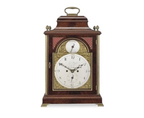 A late 18th century mahogany table clockJoshua Sarjent, Jermyn Street, St James'sThe bell topped case with handle and four co