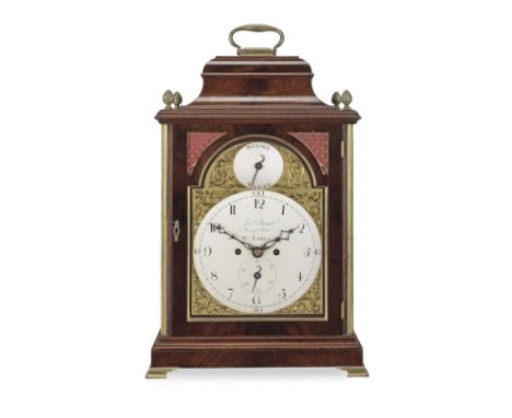 A late 18th century mahogany table clockJoshua Sarjent, Jermyn Street, St James'sThe bell topped case with handle and four co