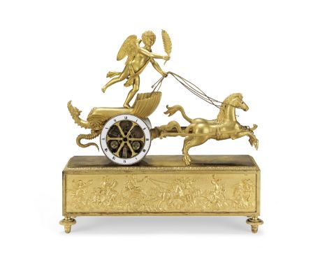 An early 19th century French ormolu mantel clockLopin Palais Royal No.143the case surmounted by a cherub astride a chariot dr