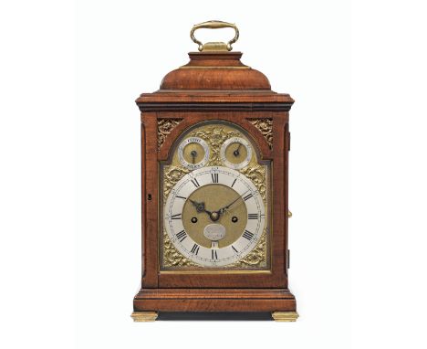 A good 18th century English brass-banded walnut inverted bell top table clock  with pull quarter repeatGladman &amp; Williams