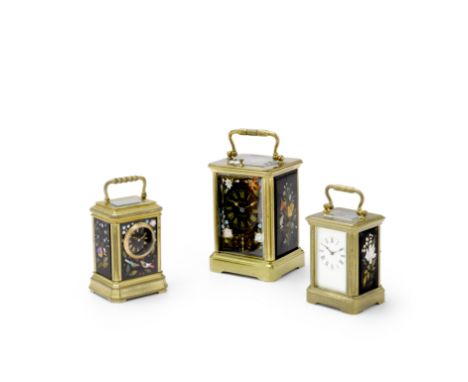 A late 19th century gilt brass repeating carriage clock with pietra dura panelsRetailed by H. Bozi, FirenzeThe corniche case 