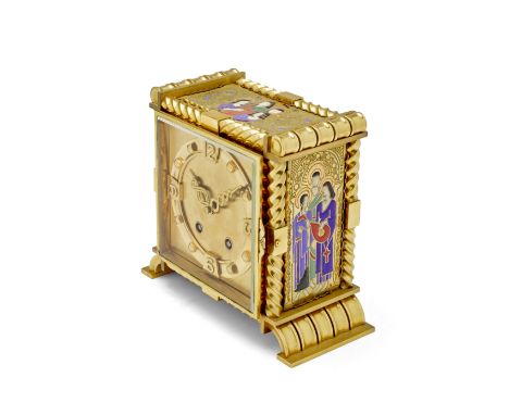 A mid 20th century Swiss gilt brass and champleve enamel mantel clockThe rectangular case with stylised bamboo and spirally t