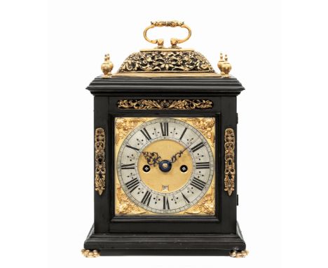 A good late 17th century ebony basket top table clock with pull cord repeatWm.Speakman, Londoni FecitSurmounted by a knopped 