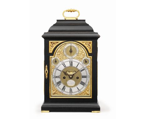 A first half of the 18th century ebonised table clock with pull cord repeatRichard Peckover, LondonThe caddy top with knopped