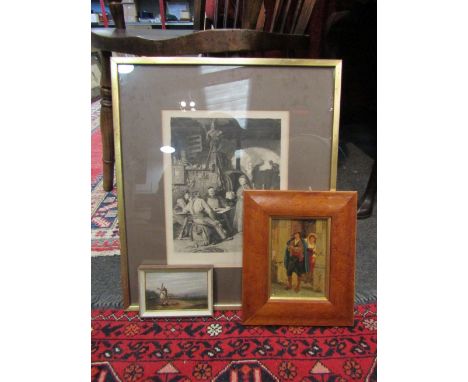 A Continental oil on board in a birds eye maple frame, together with a print titled "The monastery cellar" and a small oil pa