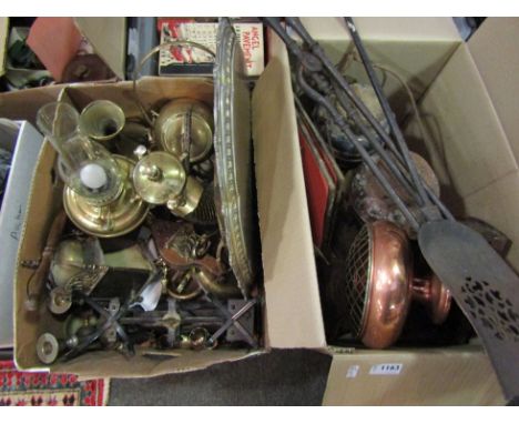 Two boxes of metal wares including plated tray, lamps, candlestick etc.