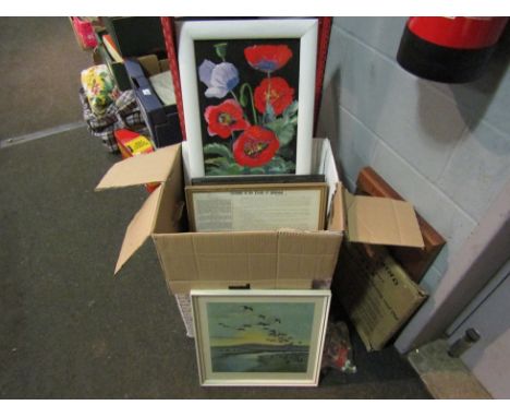 A box containing a quantity of pictures and paintings including a Peter Scott print entitled "Floating on the Merse"