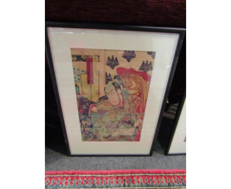 KUNICHIKA (1835-1900) A Japanese print depicting a wealthy daimyo, framed and glazed, 35cm x 49cm