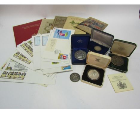 A Queen Elizabeth 80th Birthday silver proof coin, plus other assorted coins and stamps